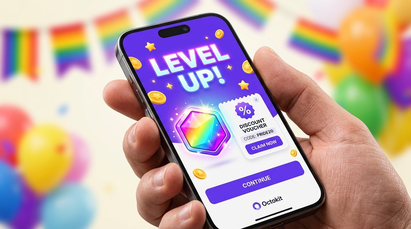 A 1:1 square macro shot of a smartphone held in a hand. The screen displays a celebratory 'Level Up!' notification with a sparkling rainbow badge and a digital discount voucher. In the soft-focus background, colorful Pride decorations are visible. The image captures the moment of a successful marketing conversion, with sharp focus on the high-resolution phone screen and realistic skin textures.