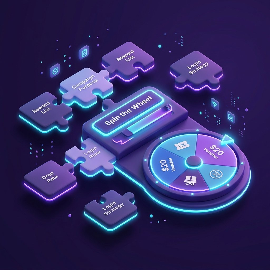 A visual metaphor of no-code logic blocks floating in a digital void, forming a 'Spin the Wheel' game, glowing cyan and violet neon accents.