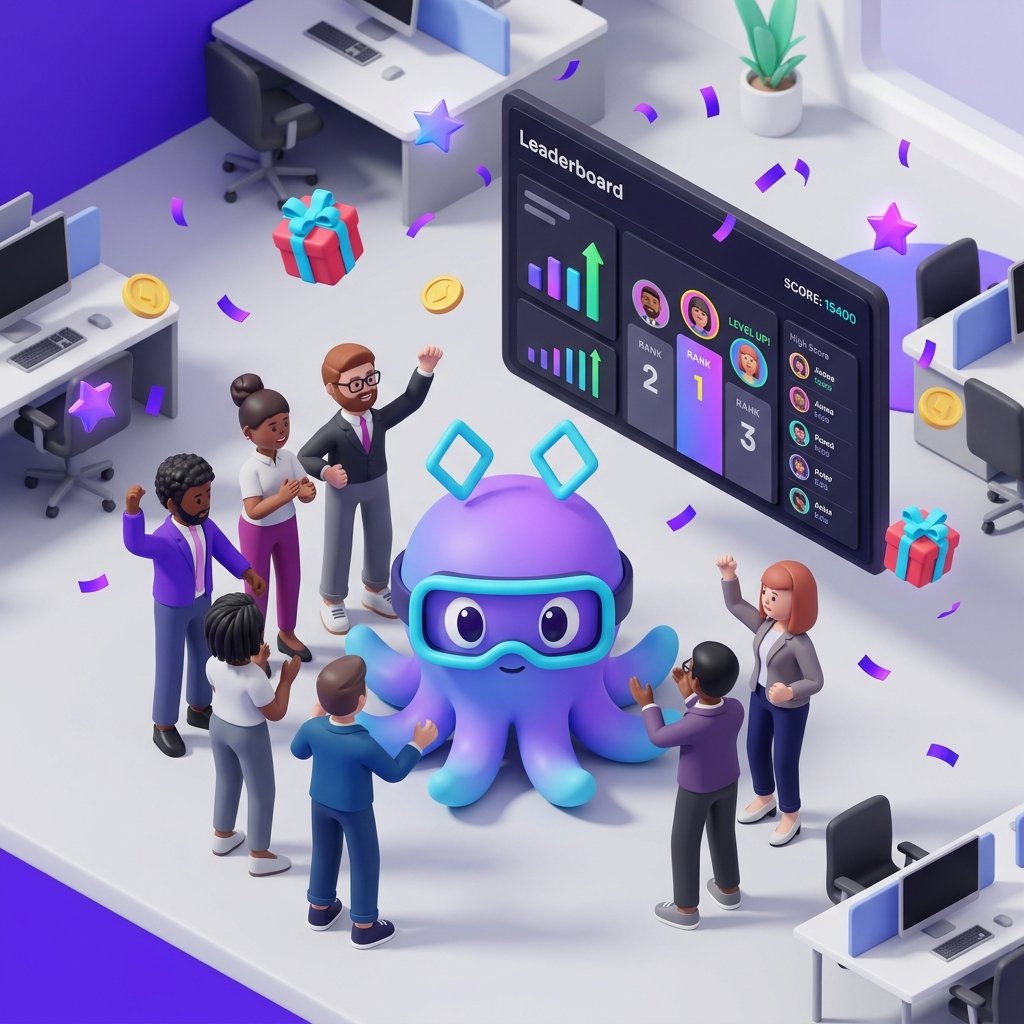 Data-Pus mascot celebrating with a diverse group of stylized 3D employee avatars, a leaderboard showing high scores, energetic and professional vibe.