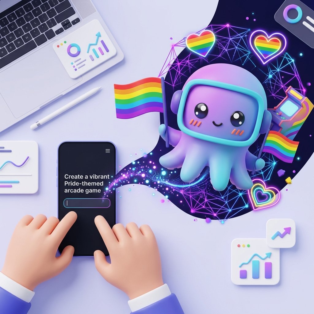 A 1:1 square top-down view of a workspace where a designer is using an AI-powered interface. On the screen, a text prompt 'Create a vibrant Pride-themed arcade game' is being entered, and the AI is generating 3D assets of rainbow flags and colorful mascots. Glowing digital particles and neural network patterns connect the text to the visual game elements, emphasizing high-tech creativity.