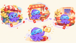 A brand mascot navigating through 3 stages: the flower market, the food street, and the reunion home.